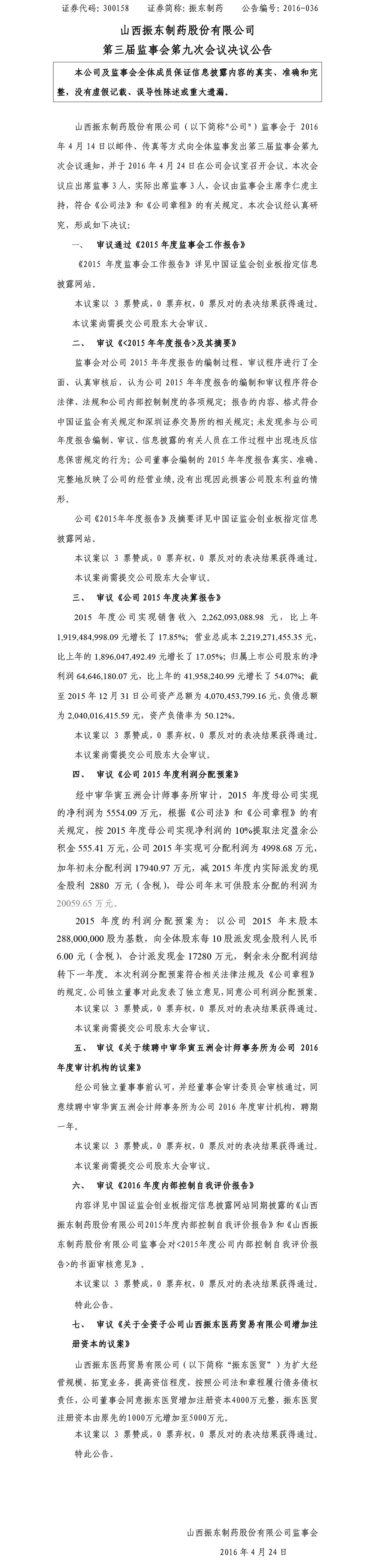 万象城AWC888制药,万象城AWC888,300158,监事会