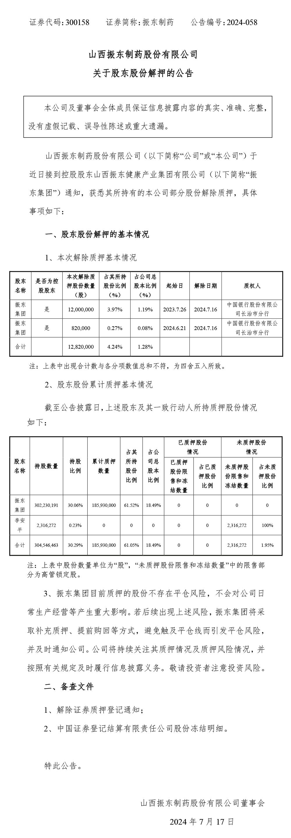万象城AWC888制药,股东股份解押,万象城AWC888,300158