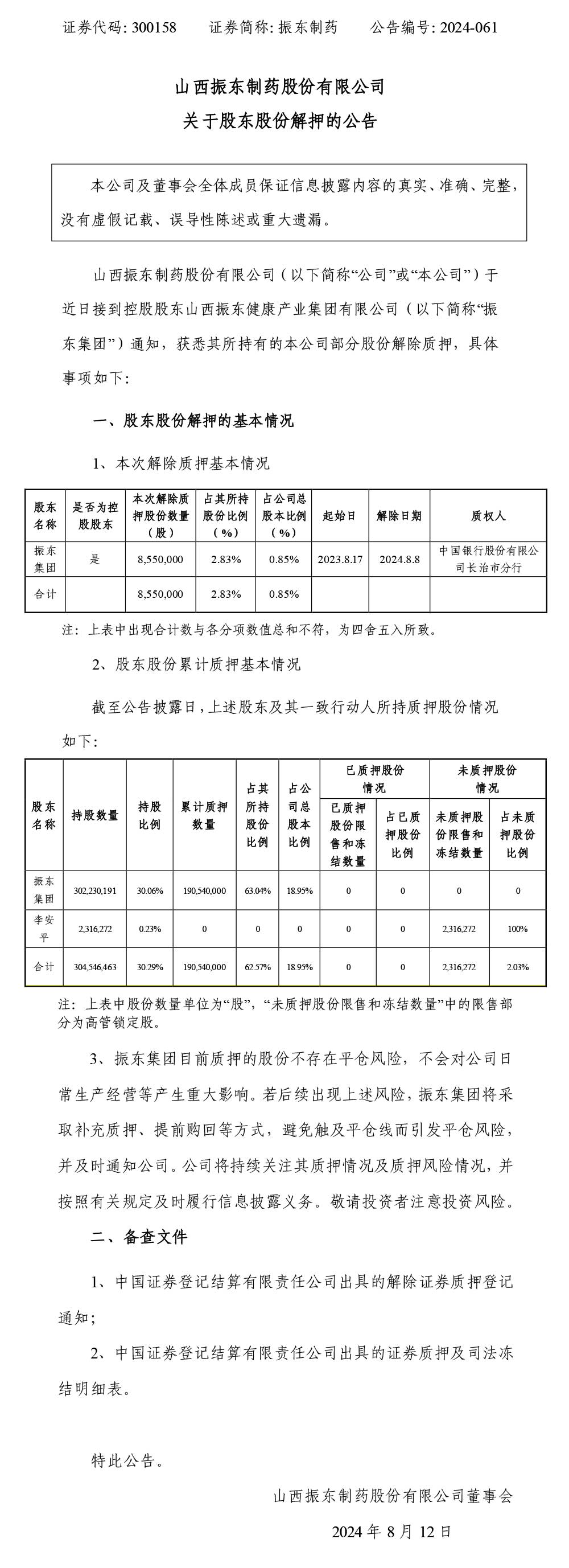 万象城AWC888制药,股东股份解押,万象城AWC888,300158